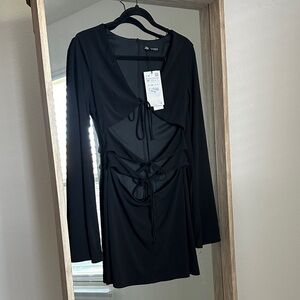 Zara Black Long-Sleeve Tie-Front Dress